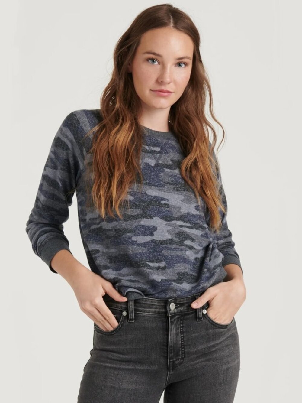 2/$30 Lucky Brand Hacci Camo Crew Neck Sweater Grey Multi Large #A4438